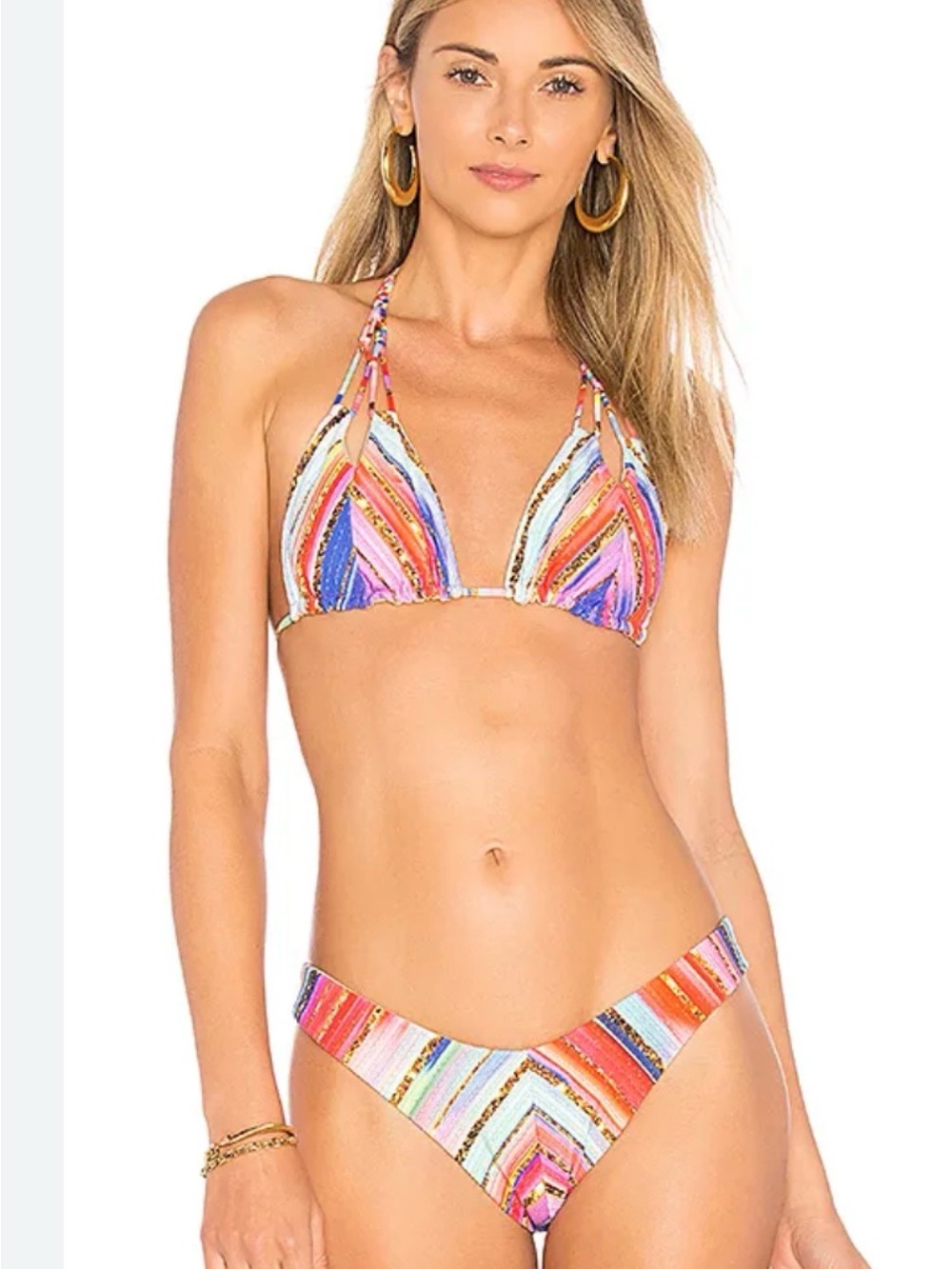 Luli Fama Bikini Set Purple Pink Gold Zig Zag Chevron Tie String Womens M Luxury